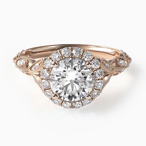 14K Rose Gold Milgrain Navette Halo Engagement Ring