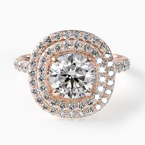 14K Rose Gold Diamond Split Shank Double Halo Pavé Engagement Ring