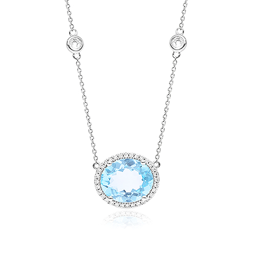 14K White Gold Blue Topaz, Diamond And White Sapphire Station Necklace