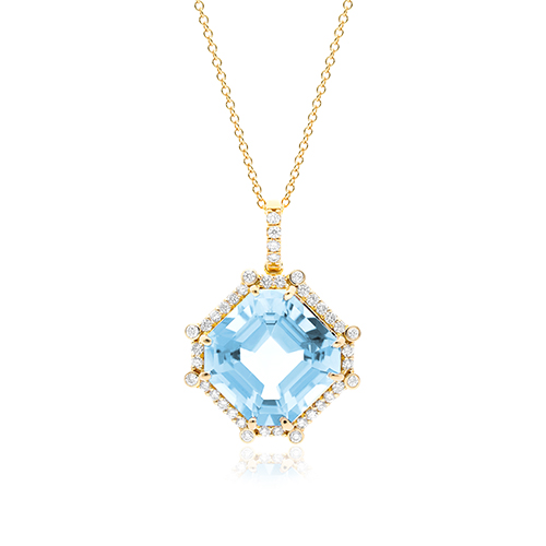 18K Yellow Gold Octogan Blue Topaz And Diamond Necklace