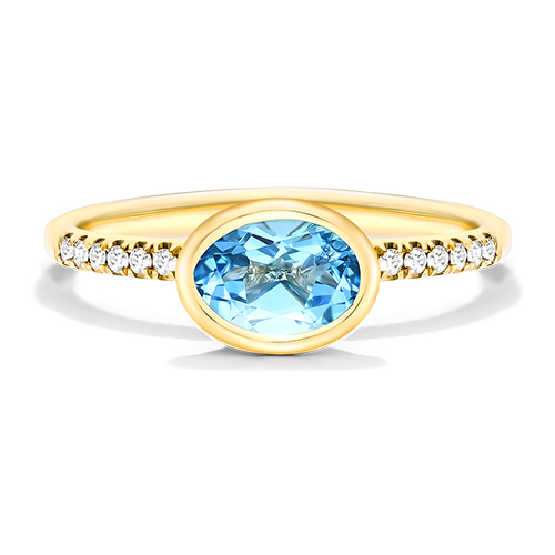 18K Yellow Gold East-West Oval Blue Topaz And Diamond Ring