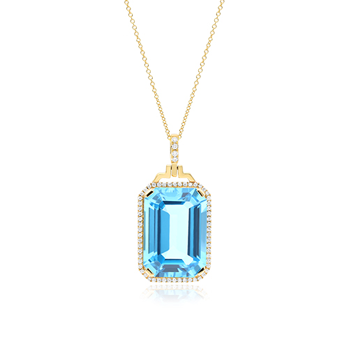 18K Yellow Gold Emerald Cut Blue Topaz And Diamond Necklace