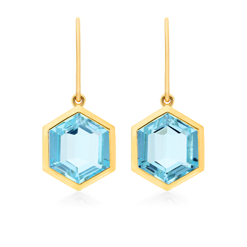 18K Yellow Gold Bezel Hexagonal Sky Blue Topaz Hook Earrings
