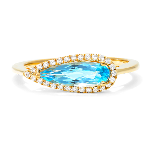14K Yellow Gold Teardrop Blue Topaz And Diamond Halo Ring By Brevani