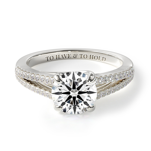 14K White Gold Cross Over Trellis Pavé Diamond Split Shank Engagement Ring