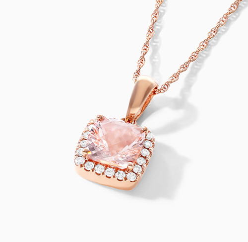 14K Rose Gold Cushion Halo Morganite And Diamond Necklace (6x6mm)