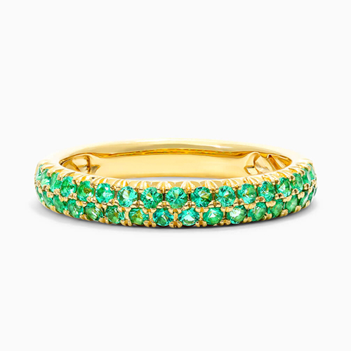 14K Yellow Gold Double Row Pavé Emerald Ring