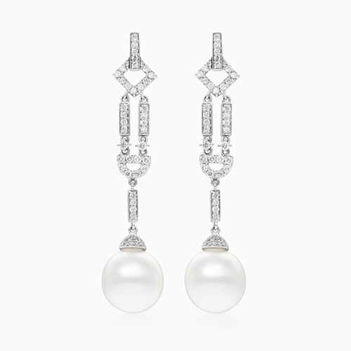 18K White Gold Diamond And Cultured South Sea Pearl Art Deco Drop Earrings (11-12 Mm)