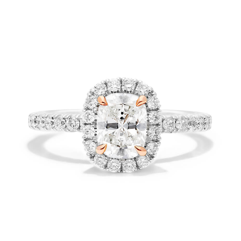 14K White Gold Pavé Halo Engagement Ring Accented With Rose Gold