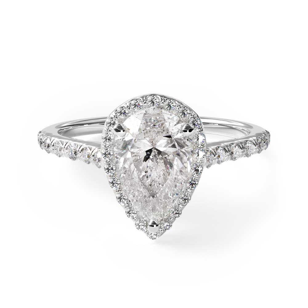 14K White Gold Pavé Halo And Shank Diamond Engagement Ring (Pear Center)