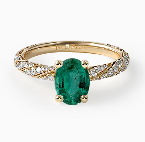 1.85 Carat Oval Natural Green Emerald Twisted Pavé Engagement Ring