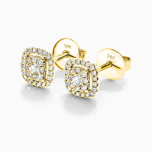 14K Yellow Gold Cushion Halo Cluster Stud Earrings