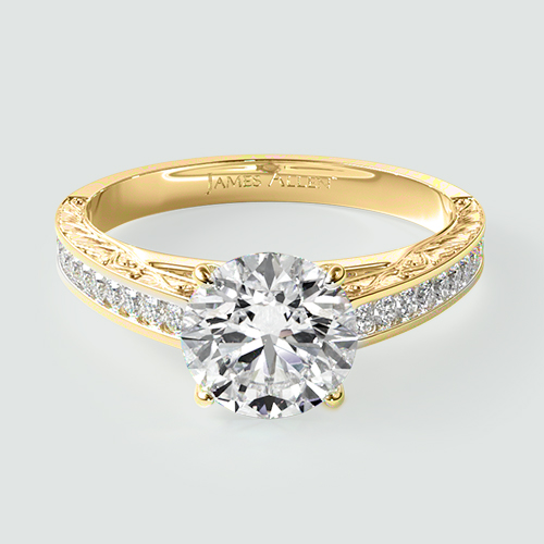 14K Yellow Gold Engraved Channel Set Round Shaped Diamond Engagement Ring