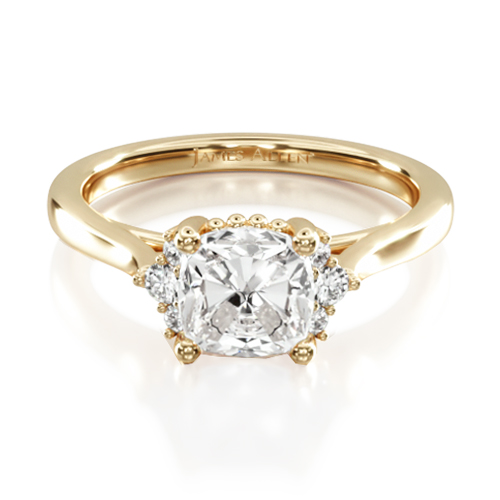14K Yellow Gold Bead Accent Pavé Trio Diamond Engagement Ring
