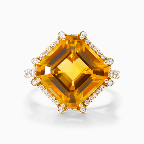 18K Yellow Gold Octagon Citrine And Diamond Ring (12.0x12.0mm)