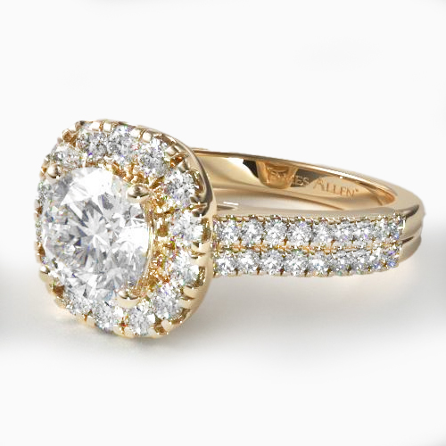 14K Yellow Gold Double Shank Halo Diamond Engagement Ring