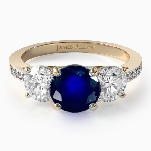 1.97 Carat Round Natural Blue Sapphire Three Stone Round And Pavé Set Diamond Engagement Ring