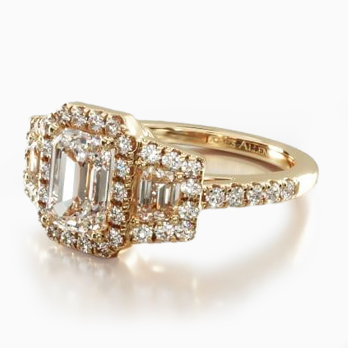 18K Yellow Gold Framed Trapezoid Three Stone Diamond Engagement Ring