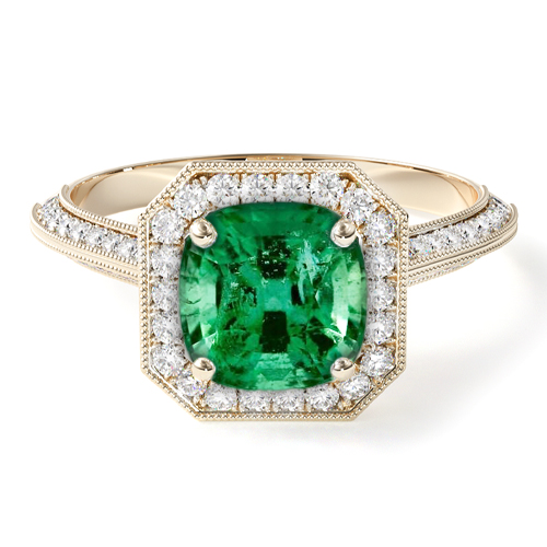1.63 Carat Cushion Natural Green Emerald Octagon Halo Diamond Engagement Ring