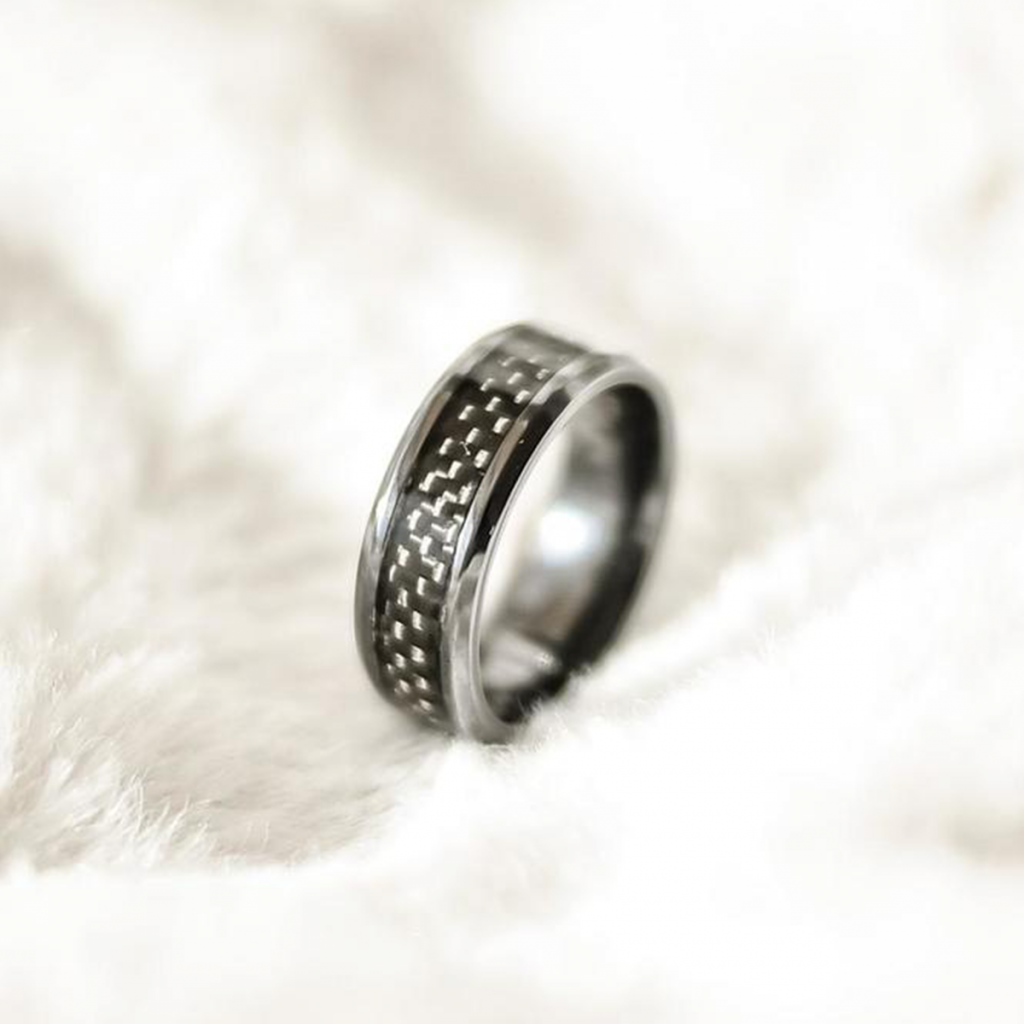 Black Titanium 7.5mm Comfort-Fit Satin-Finished High Polished Center Cut Carved Design Ring