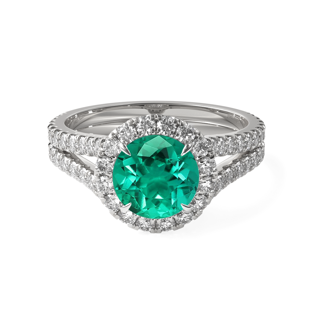 18K White Gold Round Split Band Diamond Halo Engagement Ring, 1.06 Carat Round Green Emerald