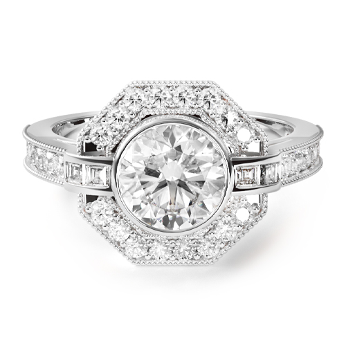 14K White Gold Art Deco Inspired Octagonal Halo Engagement Ring
