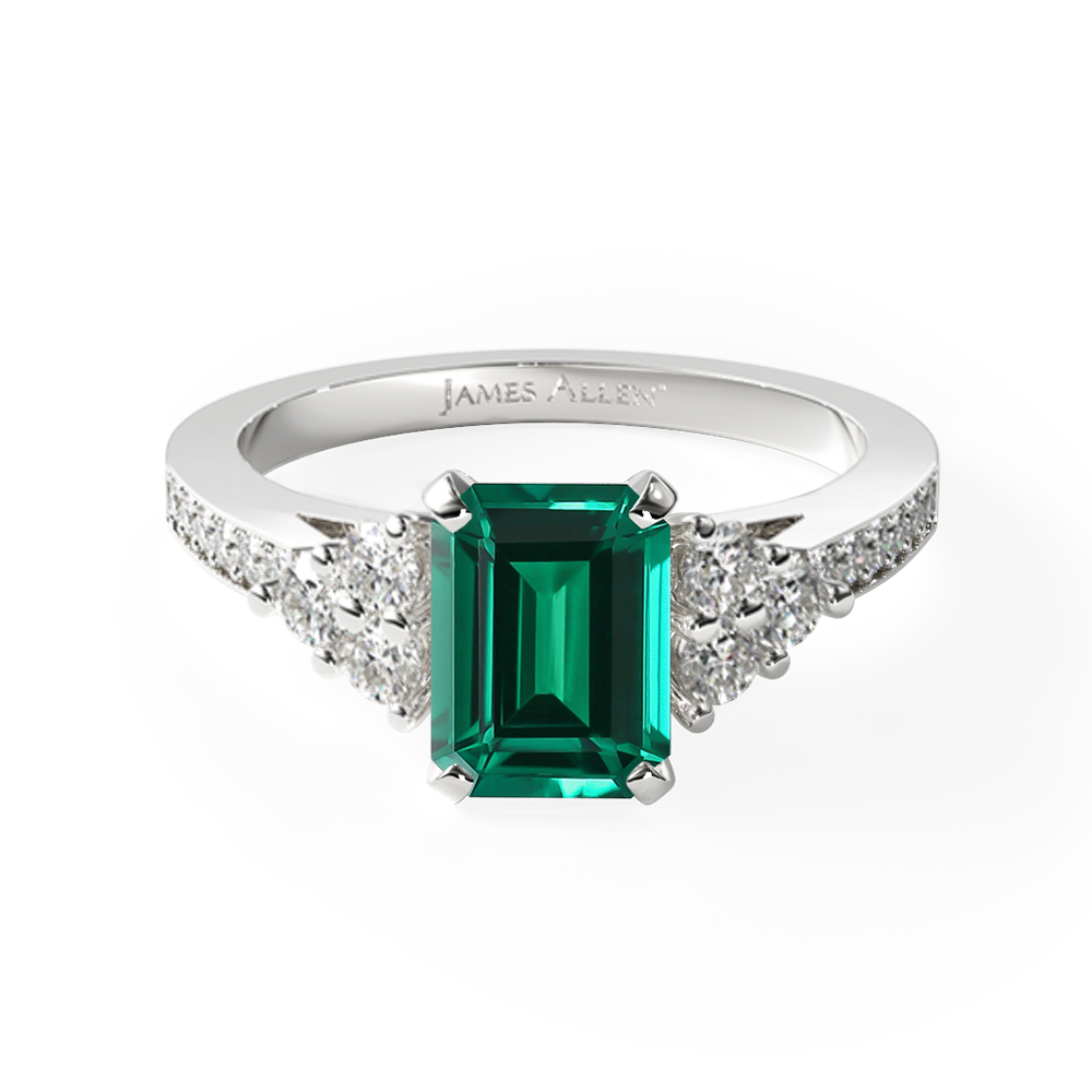 14K White Gold Pavé Trio Engagement Ring, 1.02 carat Emerald Natural Green Emerald