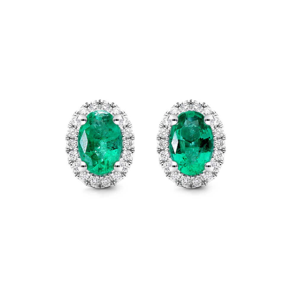 18K White Gold Oval Halo Emerald And Diamond Earrings (6.0x4.0mm)