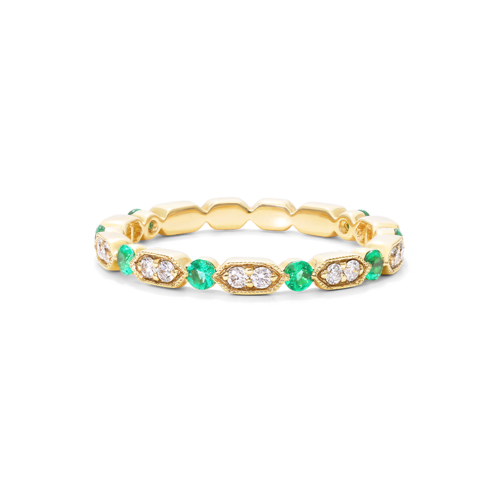 14K Yellow Gold Alternating Arrow Shape Milgrain Bezel Emerald And Diamond Ring