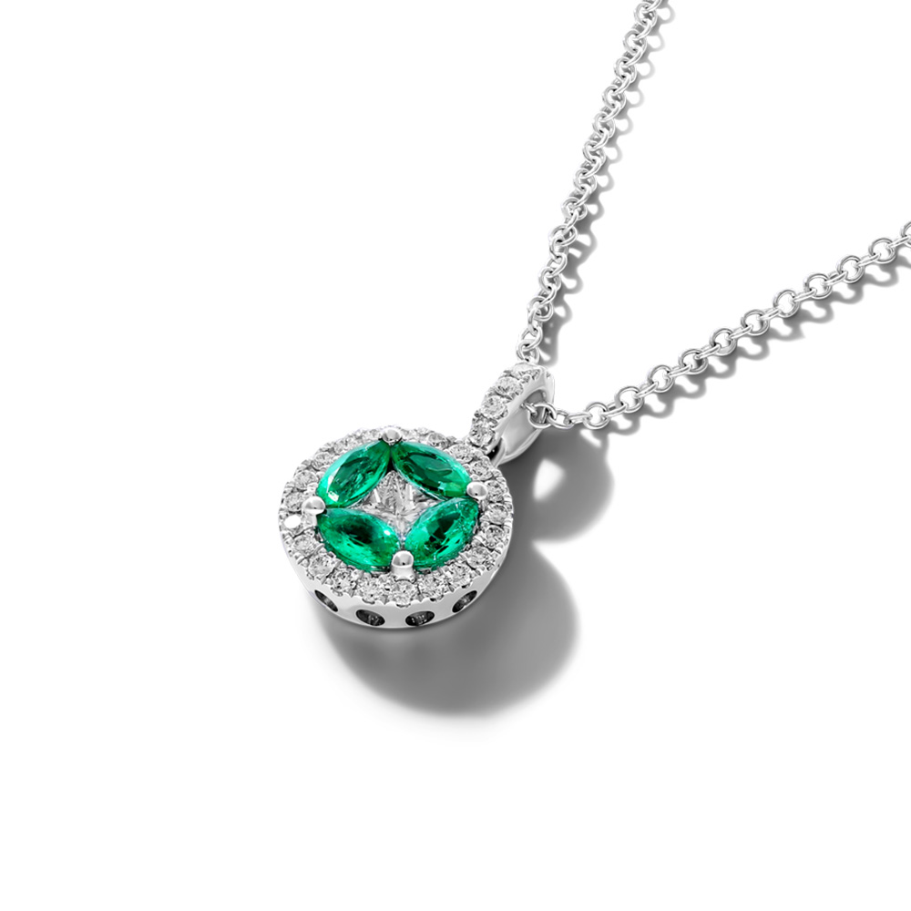 14K White Gold Marquise Emerald And Diamond Pendant