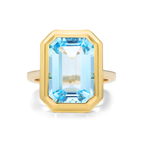 18K Yellow Gold Emerald Cut Bezel Sky Blue Topaz Cocktail Ring