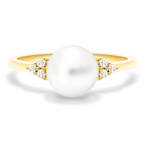 14K Yellow Gold Freshwater Pearl And Diamond Trio Ring