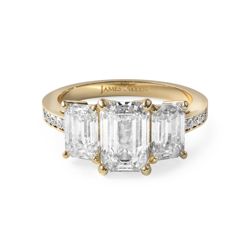 14K Yellow Gold Three Stone Emerald And Pavé Set Diamond Engagement Ring