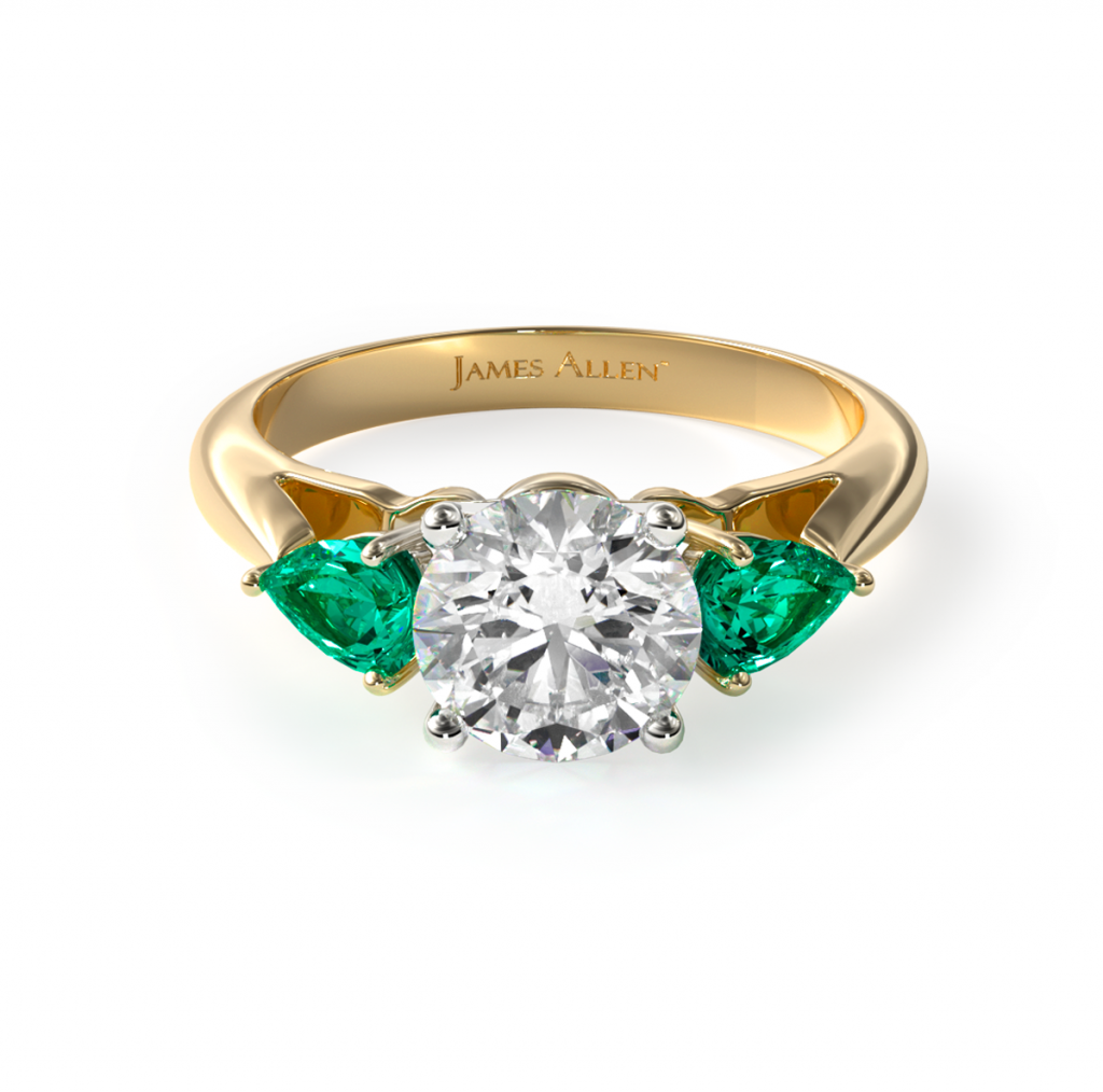 14K Yellow Gold Three Stone Pear Shaped Emerald Engagement Ring