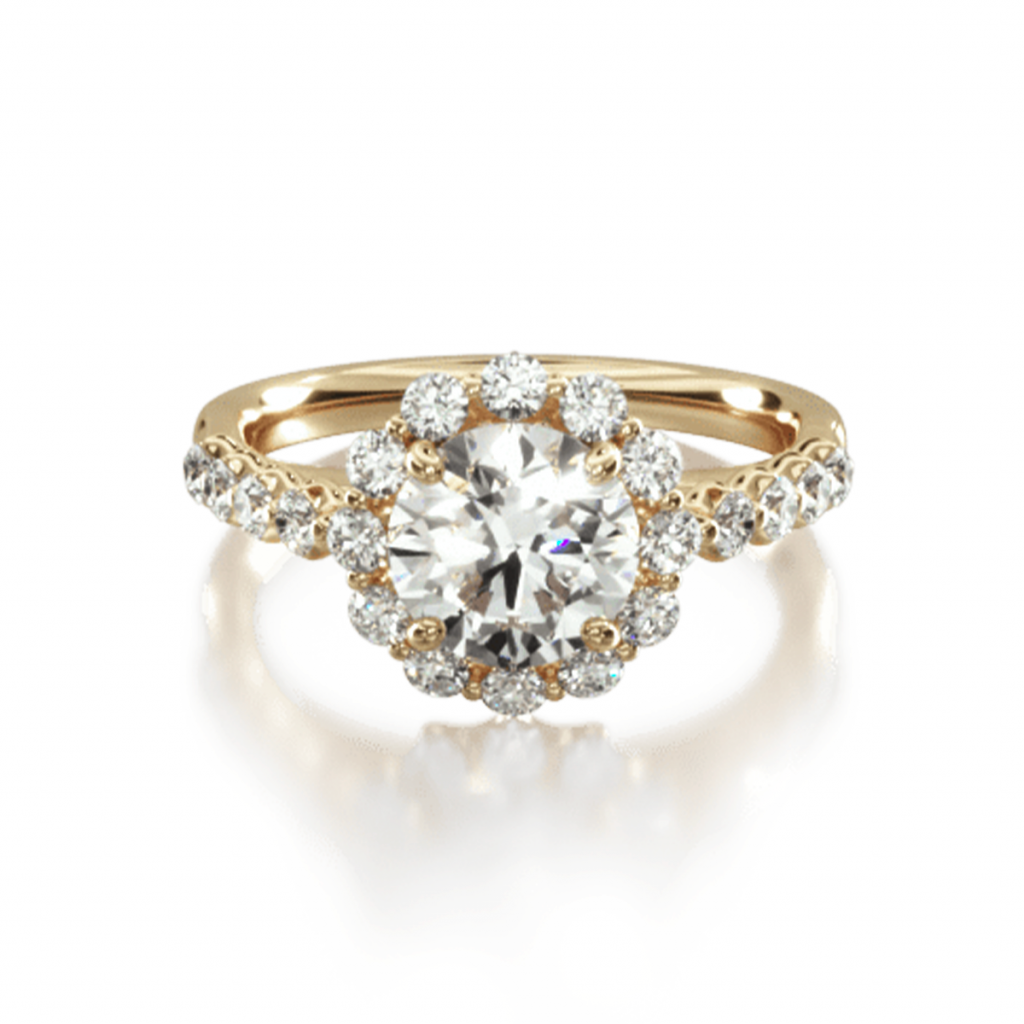 14K Yellow Gold Scalloped Cathedral Halo Diamond Engagement Ring