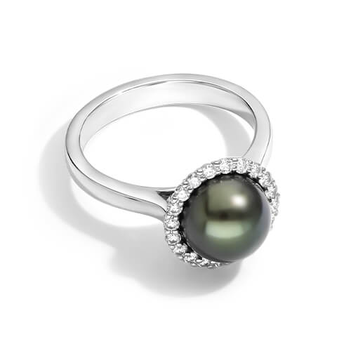 14K White Gold Tahitian Cultured Pearl Diamond Halo Ring