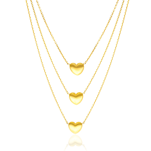 14K Yellow Gold Triple Strand Puffed Heart Necklace