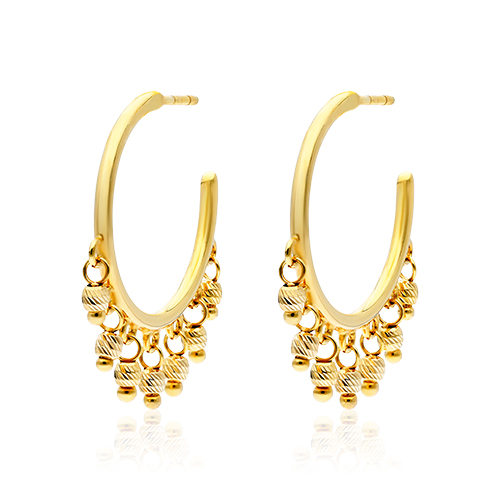 14K Yellow Gold Diamond Cut Bead Dangle Hoop Earrings