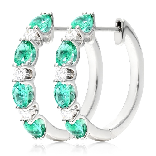 14K White Gold Alternating Oval Emerald And Round Diamond Hoop Earrings