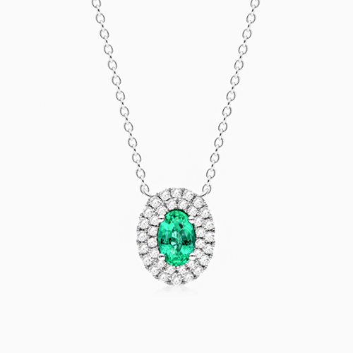 18K White Gold Oval Ruby Double Diamond Halo Necklace