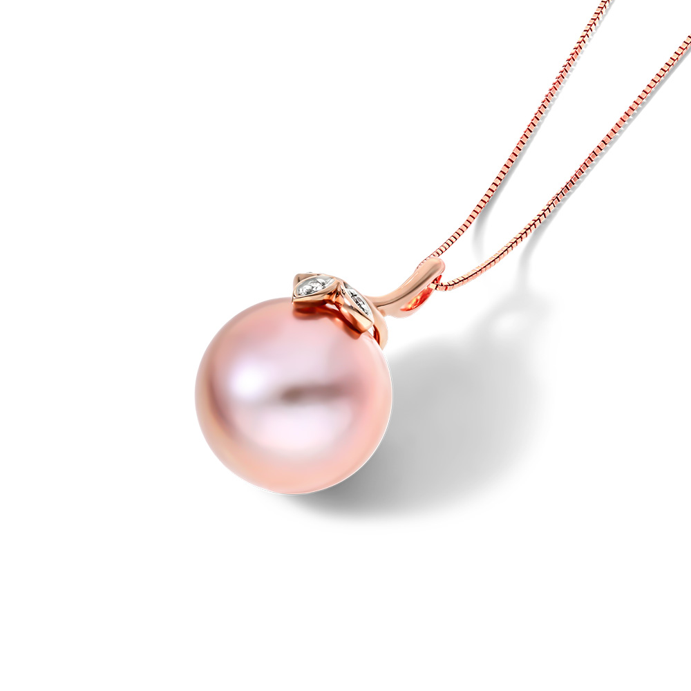 14K Rose Gold Pink Freshwater Cultured Windsor Pearl And Diamond Trio Leaf Pendant (13.0-14.0mm)