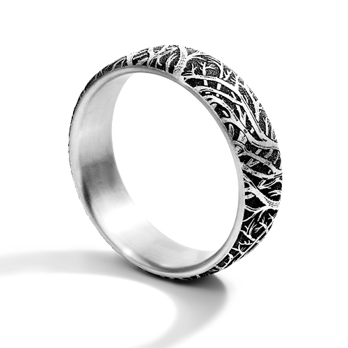 18K White Gold Blackened Forrest Pattern Comfort Fit Ring