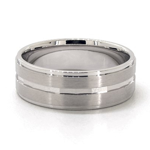 14K White Gold Satin Finish And Faceted Center Groove Comfort Fit Band