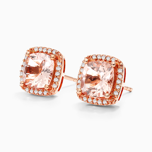 14K Rose Gold Cushion Halo Morganite And Diamond Stud Earrings