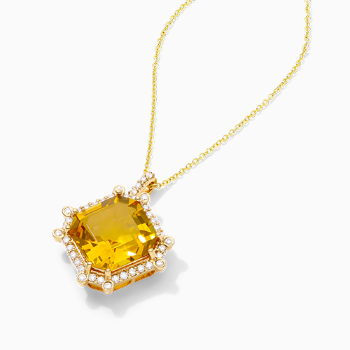 18K Yellow Gold Octagon Citrine And Diamond Necklace (12.0x12.0mm)