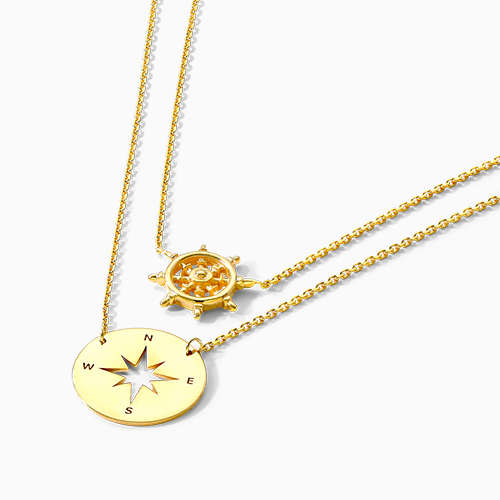 14K Yellow Gold Duo Ship Wheel And Compass Necklace