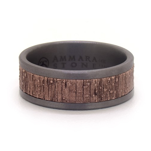 14K Rose Gold And Grey Tantalum Edges Split Wood Texture Center 8mm Ring