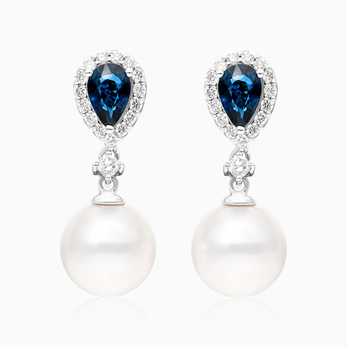 14K White Gold Cultured Akoya Pearl And Sapphire Drop Earrings (9.5 Mm)