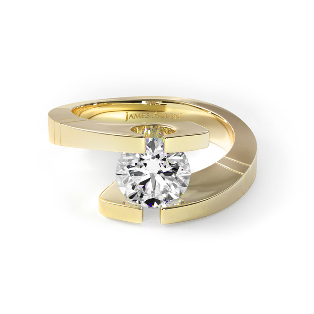 14K Yellow Gold Pointed And Etched Tension Set Engagement Ring