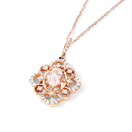 14K Rose Gold Vintage Halo Morganite And Diamond Necklace (7.0x5.0mm)